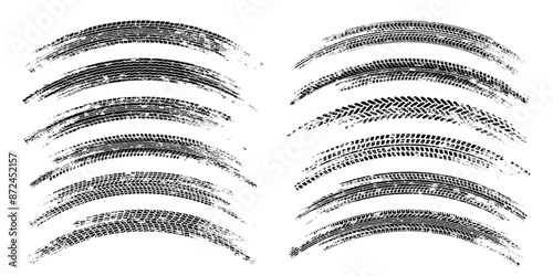 Grunge tire tracks, wheel braking marks. Truck, car or motorcycle tread pattern silhouettes. Auto race, motorsport, speed racing design element. Vector illustration