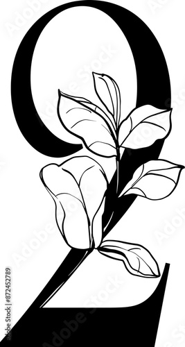 Floral number two 2 in minimalistic style, line art drawing, vector black and white illustration, clipart isolated on transparent background. Outline drawing for print. Doodle hand drawn sketch