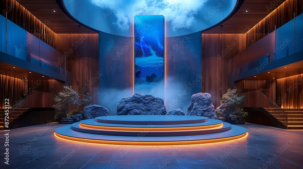 Obraz premium Front view of a stage podium with editable LED screen and podium cover options. , Minimalism,