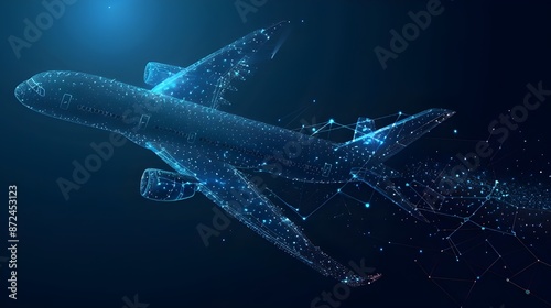A 3D airplane in a dark blue isolation. Aircraft wireframe in abstract vector. Tourism, business, travel, and aircraft transportation notions. Low-poly luminous mesh including stars, dots,  photo