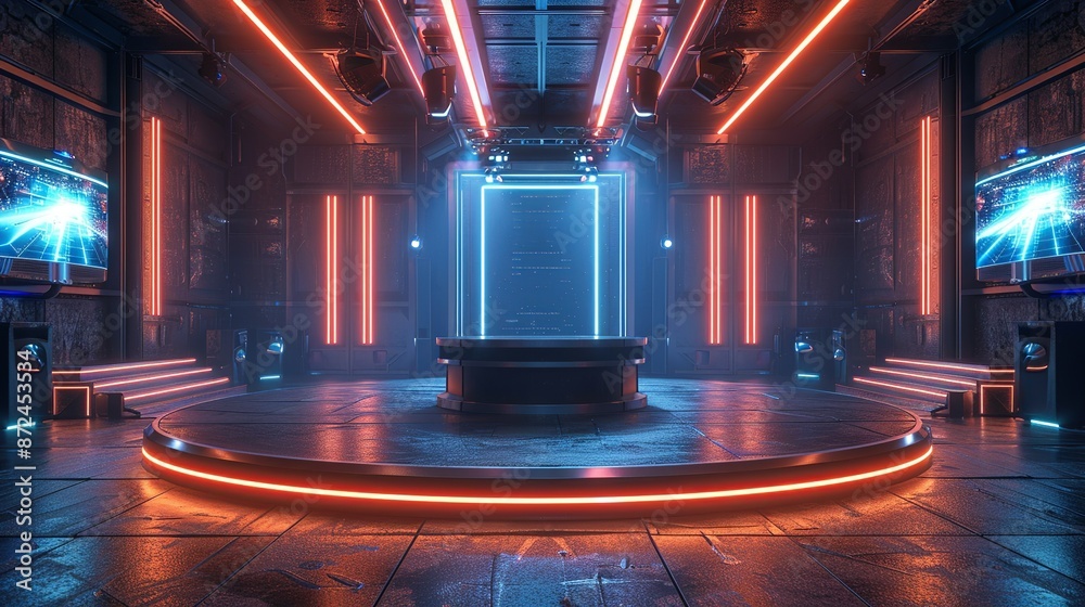 Obraz premium Front view of a stage podium with editable podium angles and digital display screens. , Minimalism,