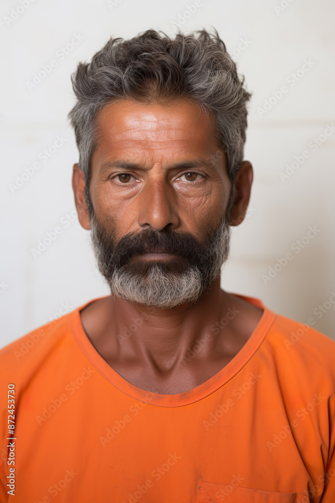 Prison mugshot of middle aged middle eastern man in orange jumpsuit Prison mugshot of middle aged middle eastern man in orange jumpsuit