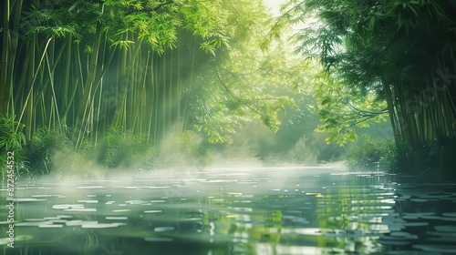 tranquil bamboo forest ethereal mist hovering over gently flowing river soft sunlight filtering through dense canopy zenlike atmosphere