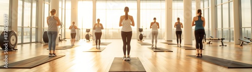 Group Fitness Class in Modern Gym with Sunset View.