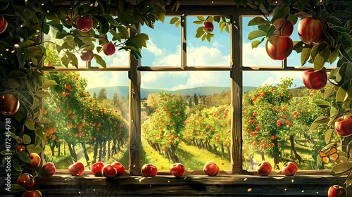 Apple orchard viewing from windows home. Seamless looping time-lapse 4k video animation background