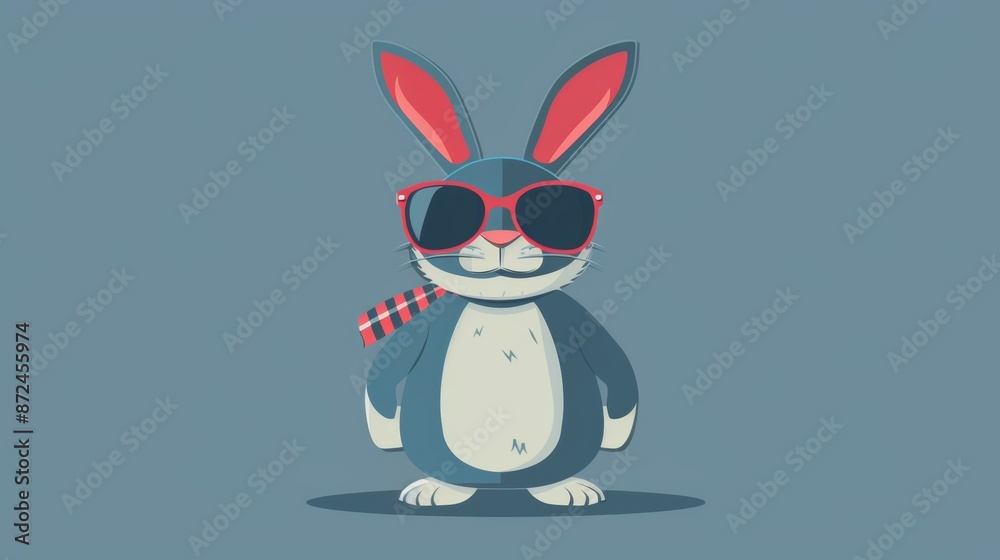 Obraz premium Cool cartoon rabbit wearing sunglasses and a scarf on a grey background. Stylish bunny character illustration with a modern and fun vibe.