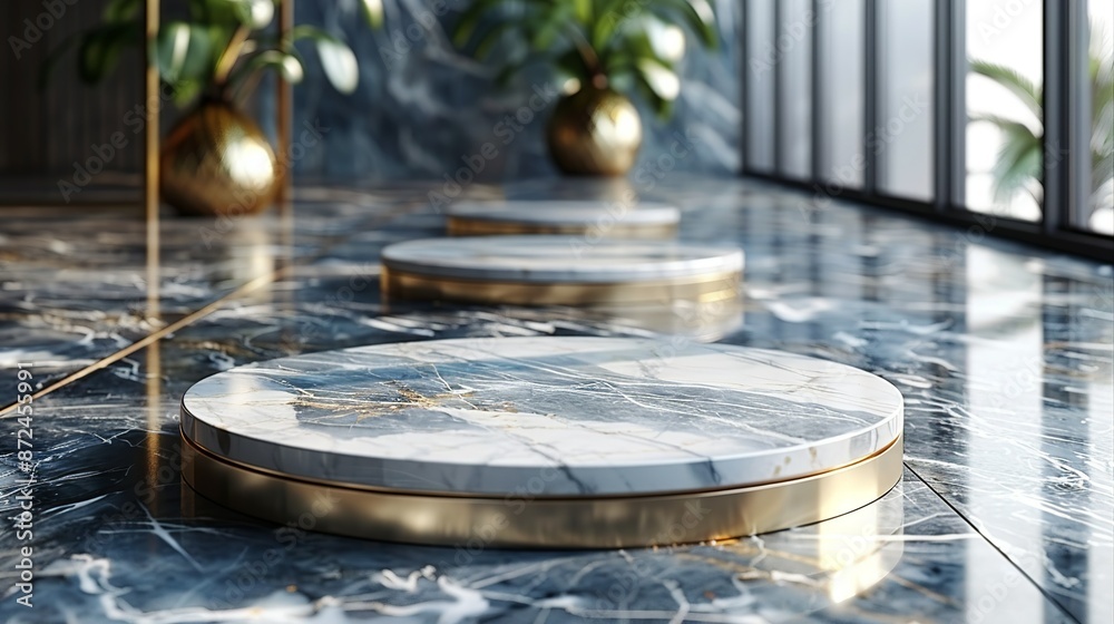 Obraz premium Elevate your projects with elegant marble podium mockups, complete with customizable gold trim and space for personalized text, ideal for prestigious occasions. , Minimalism,
