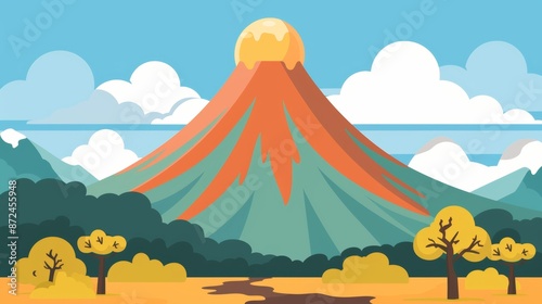 Colorful illustration of a majestic mountain landscape with lush trees and bright skies, ideal for nature-themed designs and backgrounds.