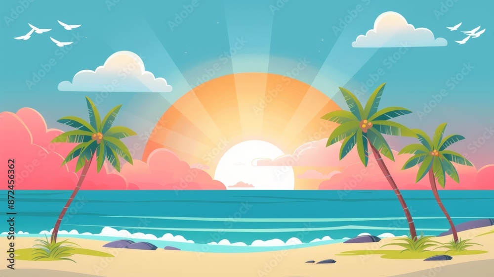 Scenic tropical beach at sunrise with palm trees, blue ocean, and colorful sky. Perfect for vacation and relaxation themes. Scenic tropical beach at sunrise with palm trees, blue ocean, and colorful sky. Perfect for vacation and relaxation themes.