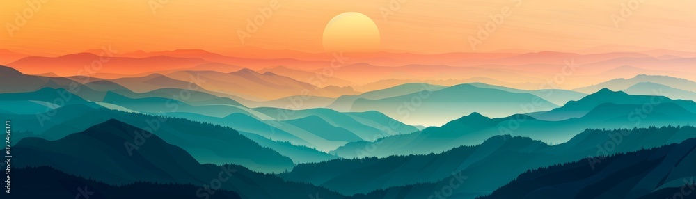 Fototapeta premium Stunning mountain landscape at sunset with layers of mist and vibrant colors in the sky. Perfect for nature lovers and travel inspiration.