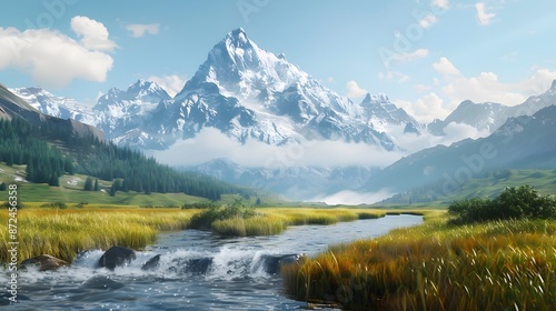 Majestic mountain peak tranquil meadow flowing water generated. 