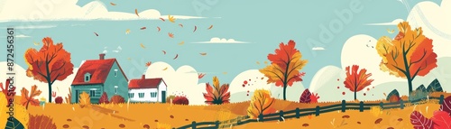 Scenic rural autumn landscape with colorful trees, cozy houses, and falling leaves on a bright, clear day.