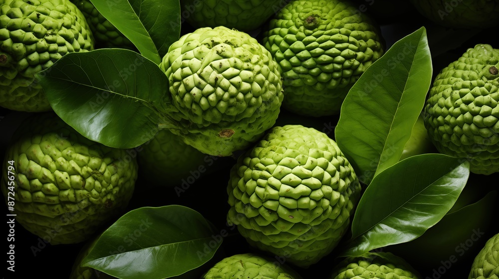 Cherimoya backdrop. Close-up of several green soursop fruits with leaves, showcasing their spiky texture and vibrant color. Cherimoya backdrop. Close-up of several green soursop fruits with leaves, showcasing their spiky texture and vibrant color.