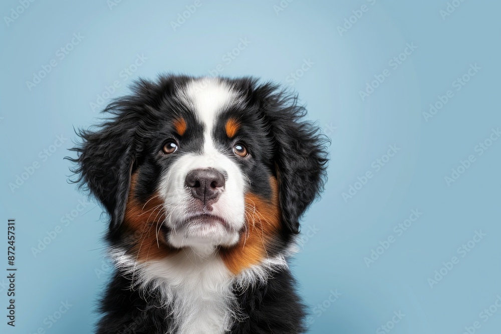 Portrait of Bernese Mountain Dog Puppy - Light Blue Background, Adorable Pet, Space for Text Portrait of Bernese Mountain Dog Puppy - Light Blue Background, Adorable Pet, Space for Text