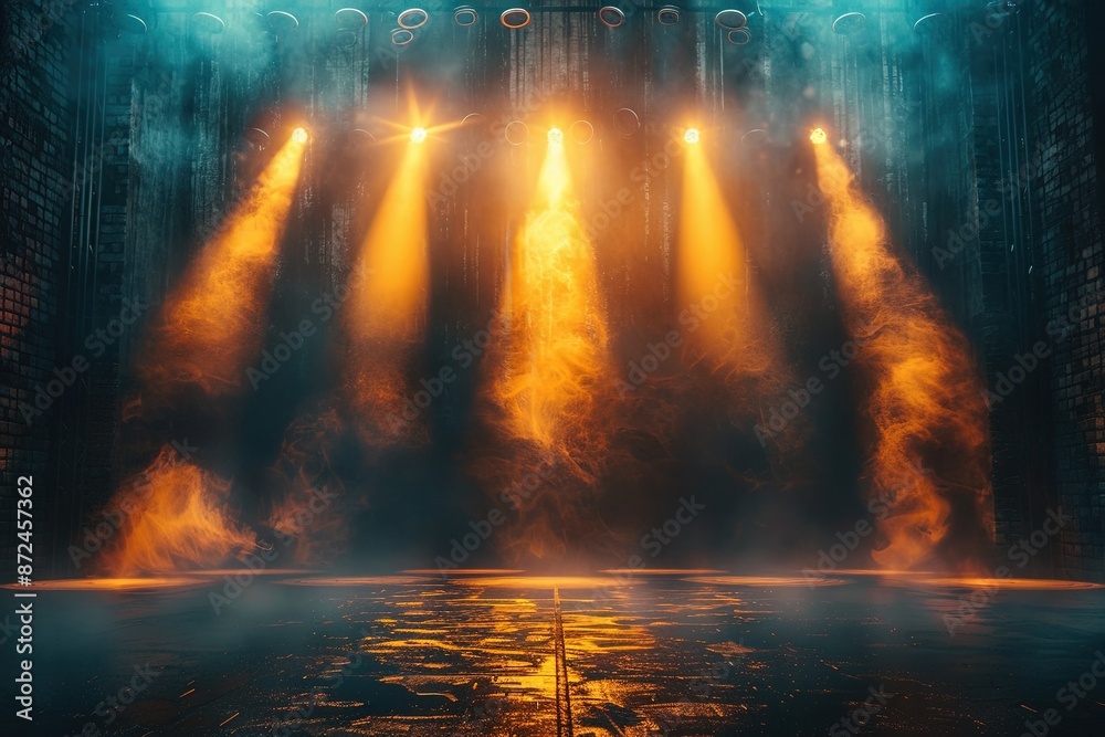 Fototapeta premium concert stage, no instruments, glitter background, metallic confetti, shades of light and gold, creative