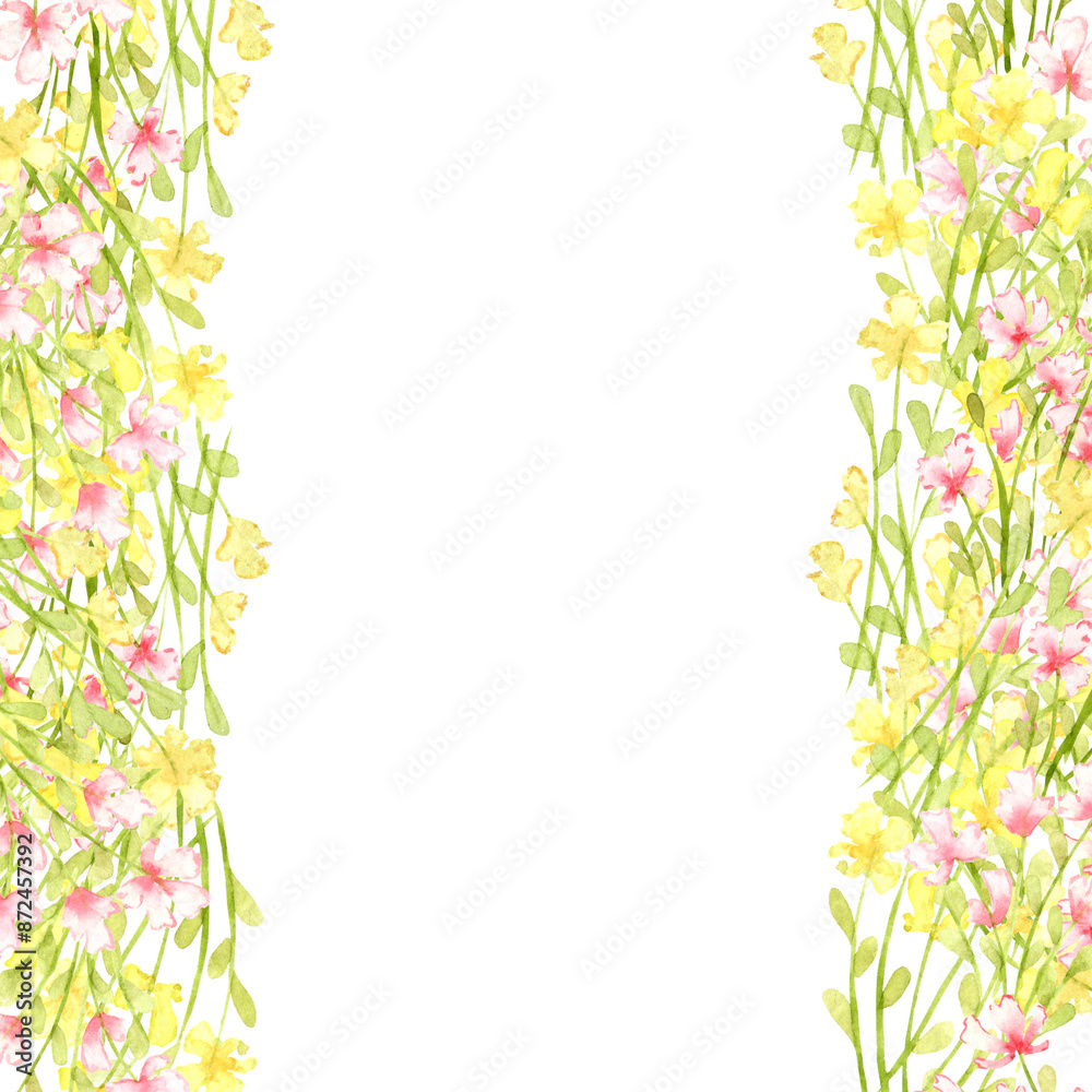 Flowers yellow and pink, small wildflowers, frame left and right watercolor illustration. Summer meadow with floral print and wildflowers. Isolated from the background. For design cards, invitations