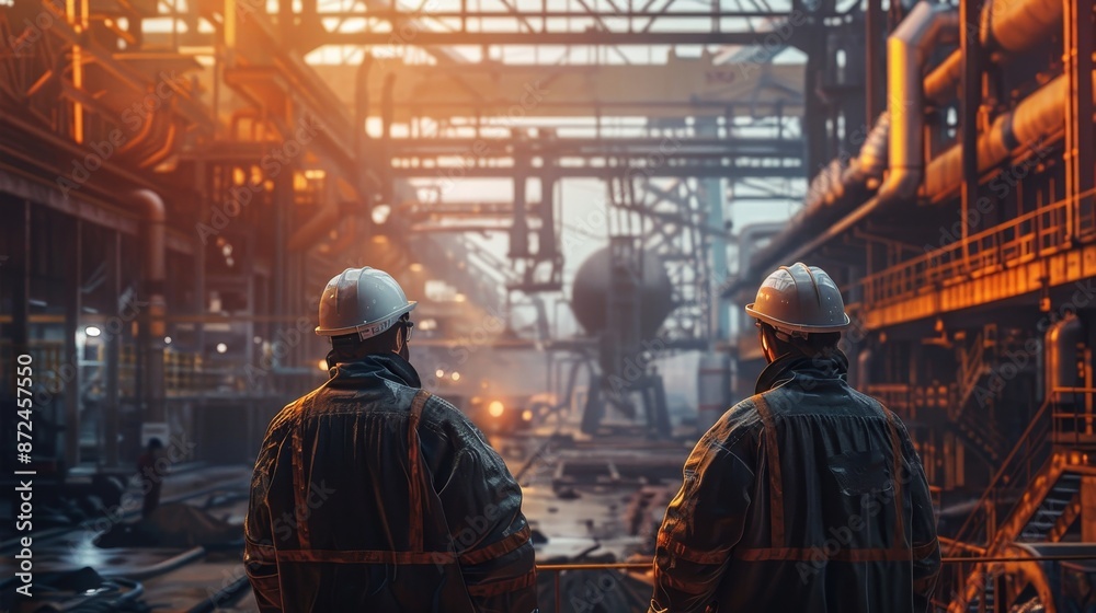 Industrial Harmony Two Workers in Protective Gear Standing Strong in a Busy Factory Setting Symbolizing Unity and Diligence with Dramatic Lighting and Realistic Grit Industrial Harmony Two Workers in Protective Gear Standing Strong in a Busy Factory Setting Symbolizing Unity and Diligence with Dramatic Lighting and Realistic Grit