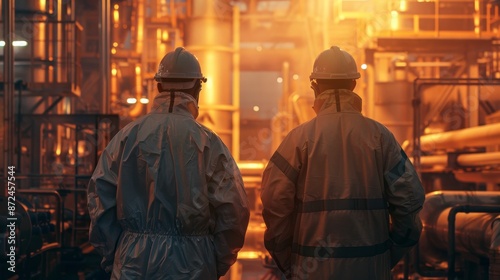 Industrial Harmony Two Workers in Protective Gear Standing Strong in a Busy Factory Setting Symbolizing Unity and Diligence with Dramatic Lighting and Realistic Grit