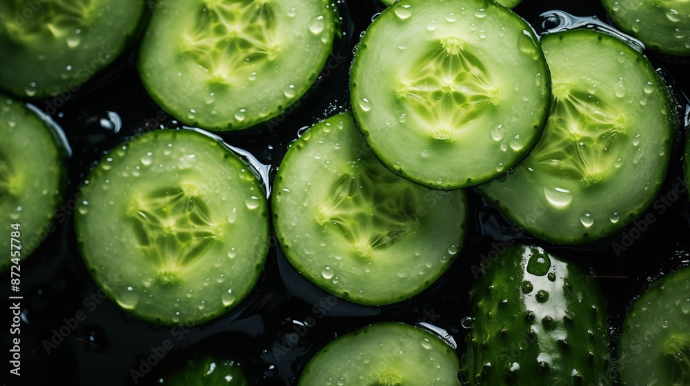 Cucumber backdrop. Close-up of fresh cucumber slices with water droplets on a dark background.