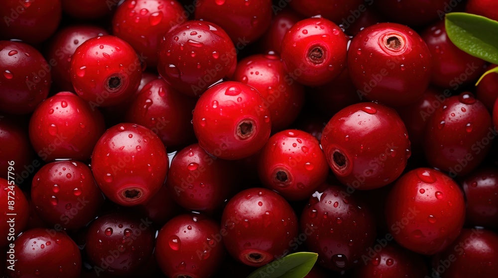 Cranberries beauty texture. Fresh, wet cranberries with water droplets on their surface. The vibrant red color of the berries is highlighted, and a few green leaves are visible. Cranberries beauty texture. Fresh, wet cranberries with water droplets on their surface. The vibrant red color of the berries is highlighted, and a few green leaves are visible.