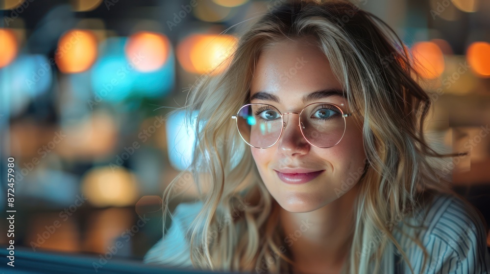 Night Shift: Enthusiastic Blonde Working on Computer in Modern Office Night Shift: Enthusiastic Blonde Working on Computer in Modern Office