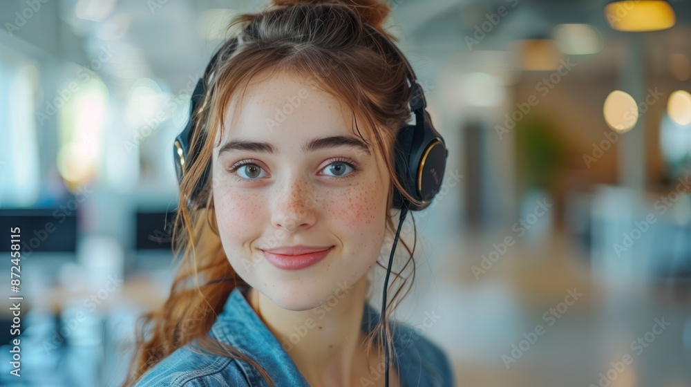 Tech-Savvy Woman at Work: Using Headset and Computer in Modern Office Tech-Savvy Woman at Work: Using Headset and Computer in Modern Office