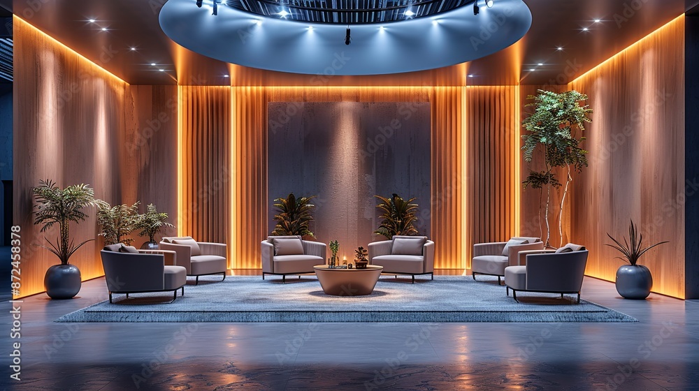 Obraz premium Business conference stage mockup with networking lounge, audience interaction, and sponsor logos visible. , Minimalism,
