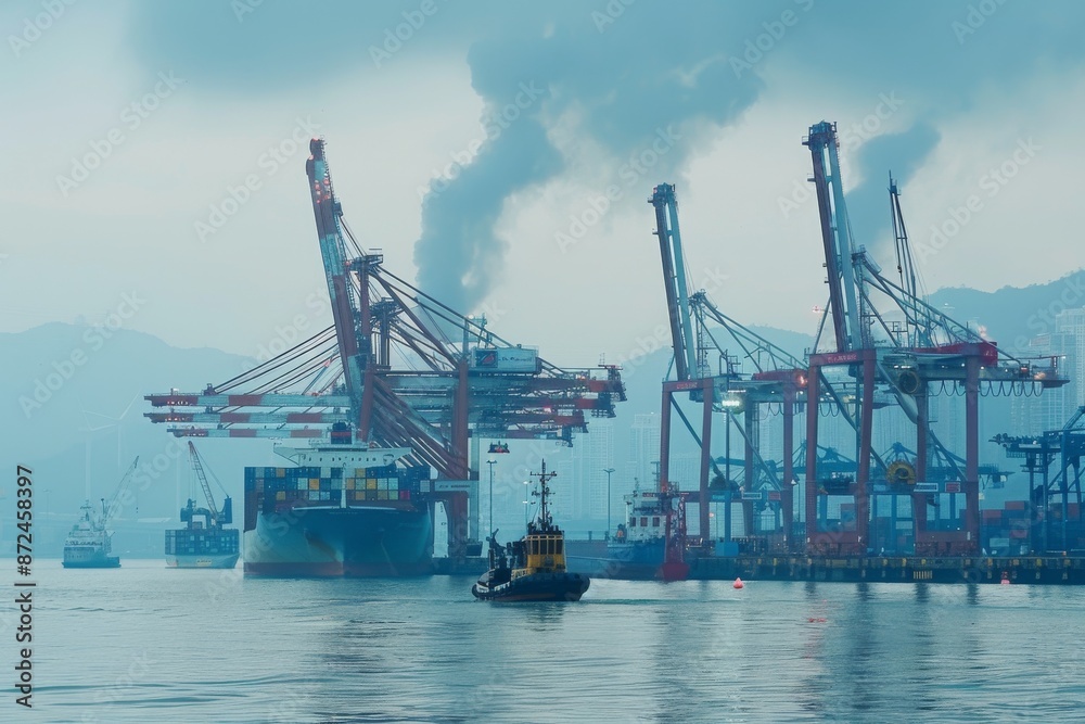 Industrial Harbor Scene with Container Ship and Cranes Industrial Harbor Scene with Container Ship and Cranes