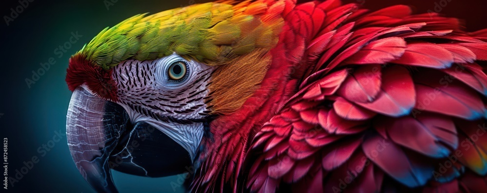 Obraz premium Closeup of a parrot with vivid and colorful feathers, soft natural light, high detail, expressive and intelligent eyes, high resolution, detailed feather texture, tropical setting