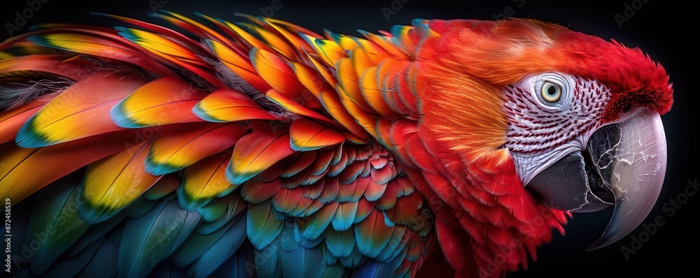 Obraz premium Closeup of a parrot with vivid and colorful feathers, soft natural light, high detail, expressive and intelligent eyes, high resolution, detailed feather texture, tropical setting