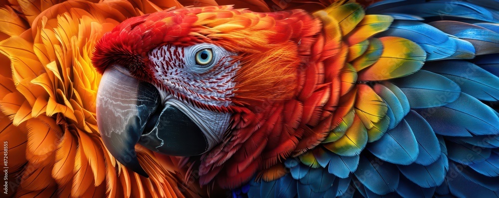 Fototapeta premium Closeup of a parrot with vivid and colorful feathers, soft natural light, high detail, expressive and intelligent eyes, high resolution, detailed feather texture, tropical setting