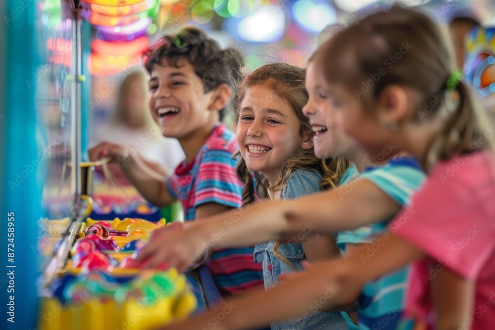 Three Children Laughing While Playing Arcade Game Three Children Laughing While Playing Arcade Game
