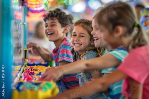 Three Children Laughing While Playing Arcade Game