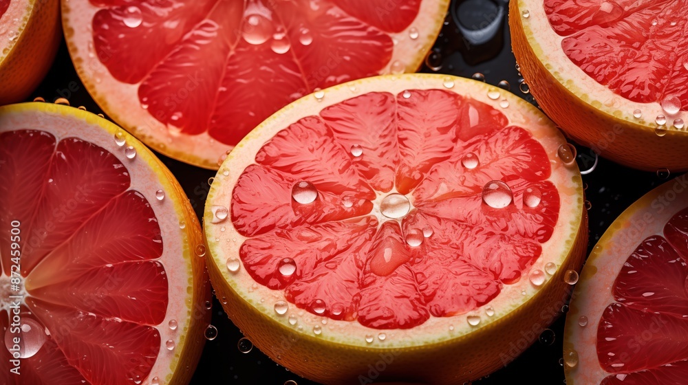 Close-up of fresh grapefruit halves with water droplets on a dark background.