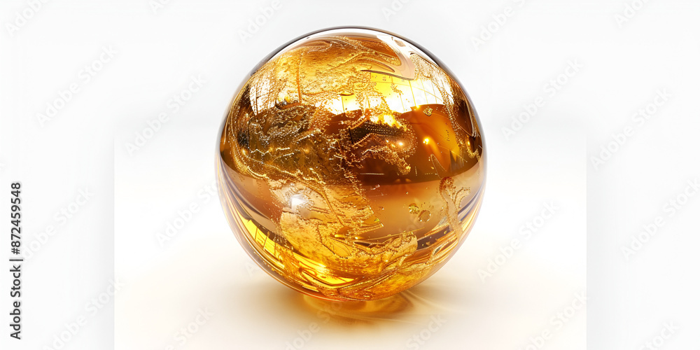 The image shows a round glass ball with a golden yellow color and a reflection of a sunset on its surface. The image shows a round glass ball with a golden yellow color and a reflection of a sunset on its surface.