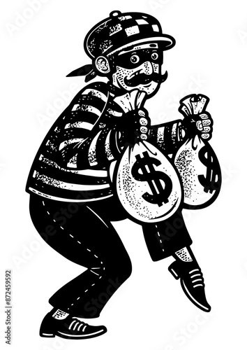 thief with stolen bags of money dollars sketch engraving PNG illustration. T-shirt apparel print design. Scratch board imitation. Black and white hand drawn image. photo