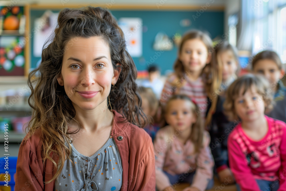 Fototapeta premium Photography of european school classroom scene with children in background and the teacher on front.