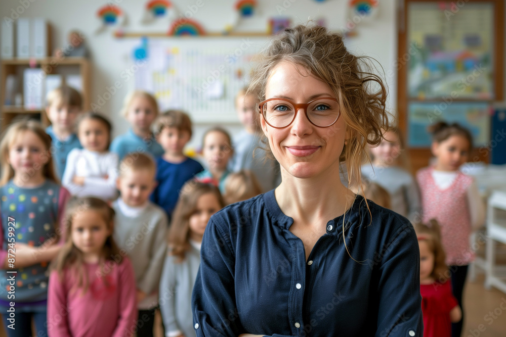 Photography of germany school classroom scene with children in background and the teacher on front. Photography of germany school classroom scene with children in background and the teacher on front.