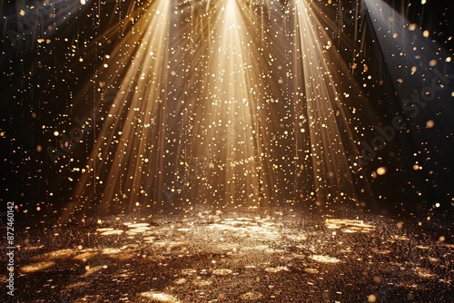 concert stage, no instruments, glitter background, metallic confetti, shades of light and gold, creative 