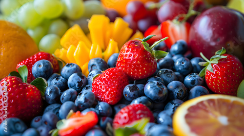 Fototapeta Naklejka Na Ścianę i Meble -  A colorful assortment of fruits including strawberries, blueberries, and oranges