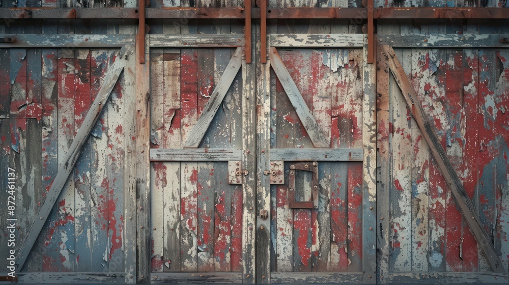 garage door designed to look like a series of old, weathered barn doors, complete with peeling paint and rustic hardware garage door designed to look like a series of old, weathered barn doors, complete with peeling paint and rustic hardware