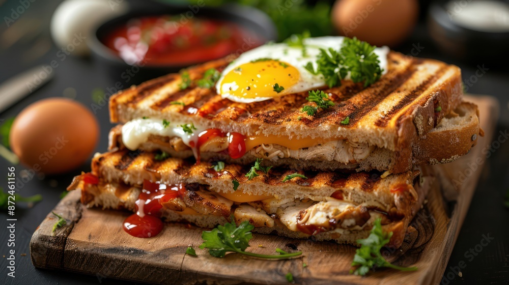 Grilled Chicken and Cheese Sandwich with Egg and Ketchup on Cutting Board Grilled Chicken and Cheese Sandwich with Egg and Ketchup on Cutting Board