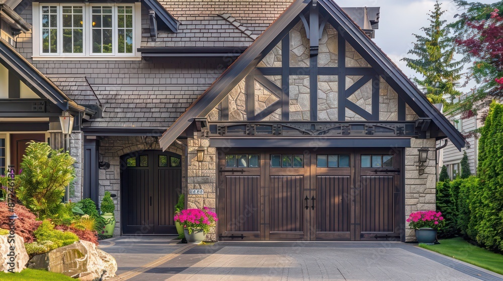 garage door designed with a classic, Tudor-style pattern, incorporating traditional architectural elements and textures garage door designed with a classic, Tudor-style pattern, incorporating traditional architectural elements and textures