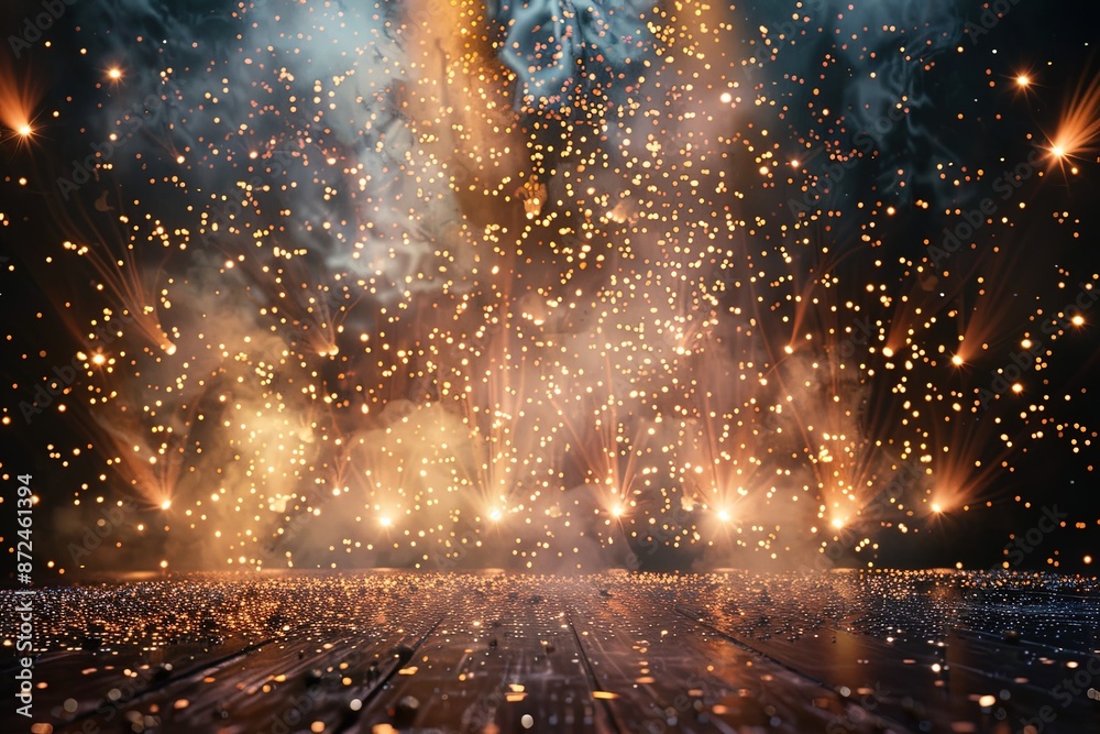 Fototapeta premium concert stage, no instruments, glitter background, metallic confetti, shades of light and gold, creative