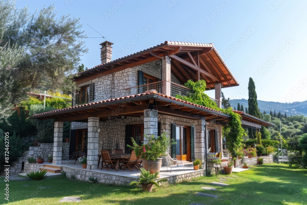 Stone House with Wooden Accents and a Lush Garden Stone House with Wooden Accents and a Lush Garden