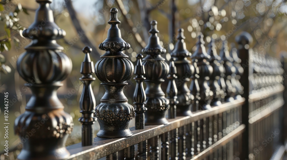 continuous fence featuring vertical metal rods, each capped with a different type of metal finial, adding a decorative touch to the functional piece continuous fence featuring vertical metal rods, each capped with a different type of metal finial, adding a decorative touch to the functional piece