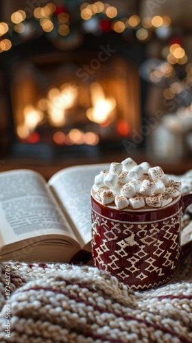 Wallpaper Mural A cozy scene of an open book with a festive cover and a mug of hot cocoa topped with marshmallows, set on a soft blanket near a fireplace  Torontodigital.ca