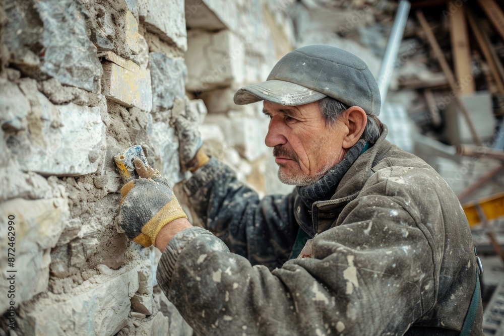A Construction Worker Repairs a Stone Wall A Construction Worker Repairs a Stone Wall