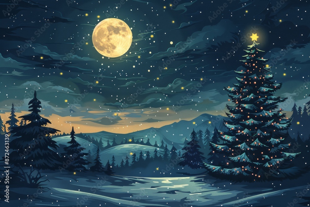 Obraz premium A night sky filled with stars and a bright full moon, with a silhouette of a snowy pine forest and a decorated Christmas tree in the foreground