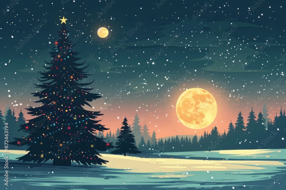 A night sky filled with stars and a bright full moon, with a silhouette of a snowy pine forest and a decorated Christmas tree in the foreground A night sky filled with stars and a bright full moon, with a silhouette of a snowy pine forest and a decorated Christmas tree in the foreground